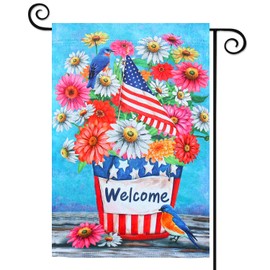 Welcome Spring Summer july 4th garden flag vertical double-sided outdoor National Day flag 12x18, flower and bird Mother's Day gift, garden lawn July 4th patriotic decoration