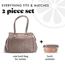 Fit & Fresh Lunch Bag For Women, Insulated Womens Lunch Bag For Work, Stain-Resistant, Lightweight, Large Lunch Box For Women With Lunch Container, Zipper, Copley Lunch Kit, Mocha Feline Fine