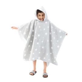 Dreamscene Kids Poncho Towel, Summer Holiday Boys Girls Kids Hooded Towel Swimming Pool Changing Robe Beach Surfing Quick Dry Soft Microfibre, Star Grey One Size