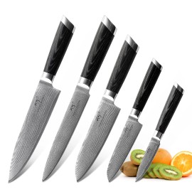 Damascus Steel 5 Pieces Set of Knives Kitchen Knife Chef with Pakka Wood Handlecolor: Black