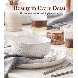 Stoneware Dinnerware Sets Service for 4, 12 pcs Reactive Glaze Plates and Bowls Sets, Embossed Boho Ceramic Dish Set, Highly Chip and Crack Resistant Farmhouse Plate Set, Ivory White