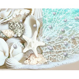 300 Floating White Seashells and a Few Mixed- Coral Reef- Pearls- Aqua Beads- 12 Submersible LED Fairy Lights Strings Warm White (Hidable Submersible Batteries)-Fills 4 Gallons of the Transparent Gels