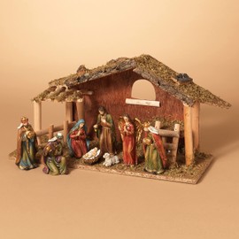 15.25-Inch Long Moss Stable with Set of 9 Resin Figurines Nativity Scene