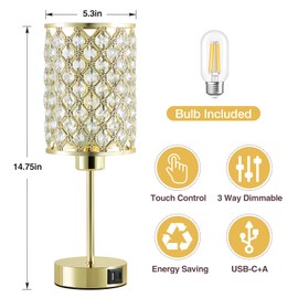 Crystal Table Lamp, Gold Touch Lamp for Nightstand with USB C+A Ports, 3 Way Dimmable Lamp with Crystal Shade, Bedside Lamp Small Lamp for Bedroom, Living Room(Buld Included)