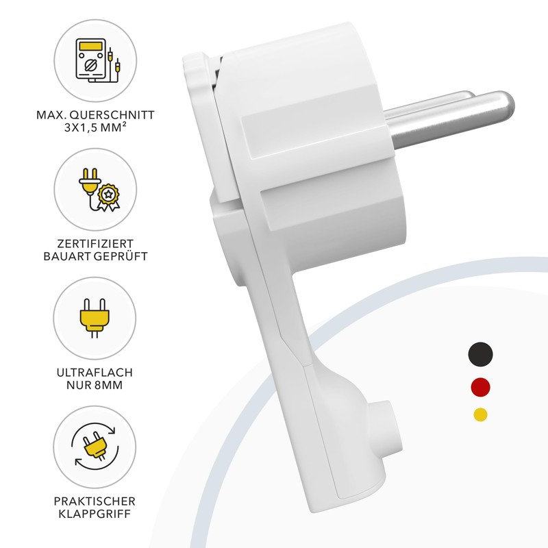 Safety angle plug, extra flat with bracket, plastic, 8 mm