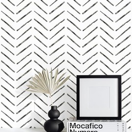 Rugreat Herringbone Peel and Stick Wallpaper Modern Stripe Contact Paper for Cabinets 118inL17.3inW Neutral Self Adhesive Removable Wallpaper for Bedroom Bathroom Waterproof Black and White