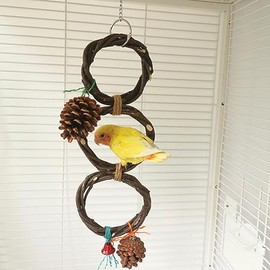 Elvaesther Birds Parrots Hand-Woven Hanging Ring Perch Stand Bird Swing Climbing Toy with Bells Pine Cones Cage Supplies 3 Rings