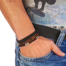 LOCAL LEAGUE Mens Surfer Beaded Leather Bracelet Set of 3 SURF CREW HAWAII - Adjustable Cord Wristband Beads Man Boys Wrap Rope Holiday Party Clubbing Festival Gift, Leather