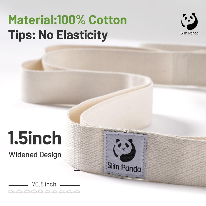 Slim Panda Stretching Strap with Loops, Non-Elastic Yoga Strap for