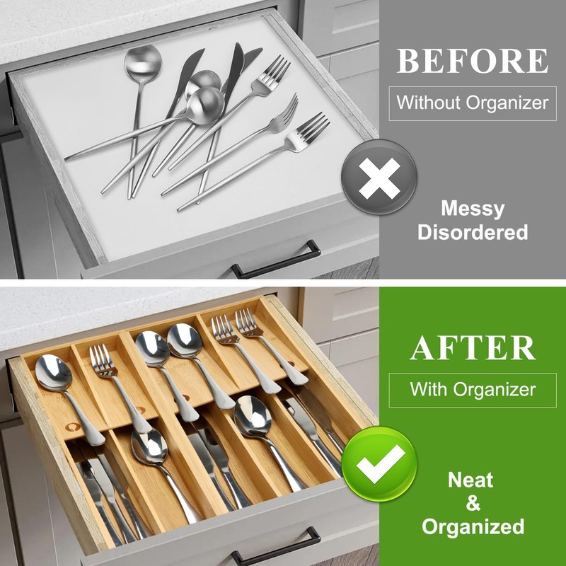Bamboo Silverware Drawer Organizer Small Utensil Tray Wood Cutlery Organizer