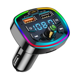 FM Transmitter Car Bluetooth Music Play 2 USB Port Charger Car Adapter QC 3.0+PD USB C LED Display + 7 Colours LED Light Hands-Free Kit Support BT, SD Card, USB Disk