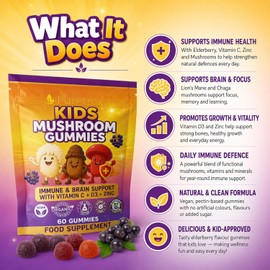 PURETREX Kids Mushroom Gummies for Children – Lion’s Mane, Reishi, Chaga, Elderberry, Vitamin C