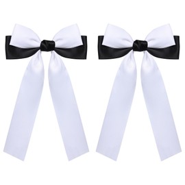 2pc Silky Satin Hair Bows Hair Clip Long Tail Ribbon Accessories Ponytail Holder Slides Metal Clips Barrette Hairpins for Women Girls Toddlers Teens Kids Set White-Black,5.5in