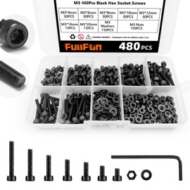 FullFun 480PCS M3 x 4/6/8/10/12/16/20mm Hex Socket Head Cap Screw Bolts Nuts Assortment Kit, 12.9 Alloy Steel Metric Screws with Allen Wrench, Allen Socket Hex Drive Black Machine Screws Set