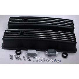 CNCRSR For SBC Chevy 350 58-86 Black Aluminum Finned Short Valve Cover+Air PCV Breather