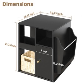 TooCust Rotating End Table with Storage, Square Rotating Side Table Living Room, Side Table with Magazine Holder, Basket and Cabinet, Swivel End Table with Diverse Storage (Black)