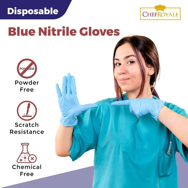 CHEF ROYALE Pack of 1000 Disposable Blue Nitrile Gloves -