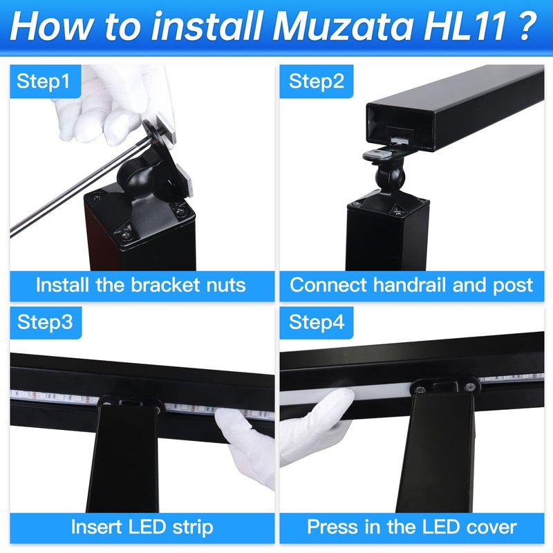Muzata 6'6" Aluminum Black LED Handrail Rectangular Cable Railing Handrail