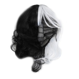 Black White Wig with Bangs Adjustable Breathable Net Synthetic Short Curly Wavy Wig 32cm