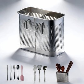 SAYUANVA Stainless Steel Kitchen Utensil Holder with Hooks, 2-Tier Stainless Steel 304 Utensil Holder,Rustproof Heavy Duty Dish Drainer for Kitchen Sink Countertop,5.51x4.33x2.76 Inch