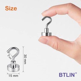 BTLIN Magnetic Hooks, Small Strong Neodymium Hook Magnet, 15 mm Diameter, 8 kg Load Capacity, Magnetic Hooks for Kitchen, Garage, Office (Pack of 18)