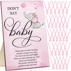 Geetery 51 Pcs Don't Say Baby Game Sign Cool Baby Shower Game 50 Pacifier Necklace Wooden Don't Say Sign Plastic Pacifier Party Favor for Gender Reveal(Elephant,Pink)