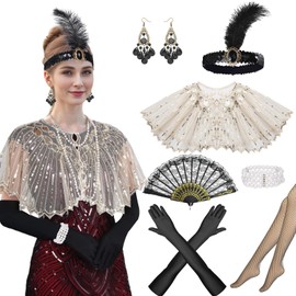 1920s Flapper Accessories Set, 8PCS Sequin Shawl Wraps Headband Pearl Earrings Necklace Gloves for Women (Style C, One Size)