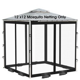 Outdoor Mosquito Net with 2 Way Zipper 4 Door, Gazebo Mosquito Netting 12x12 for Garden/Patio/Pavilion, Gazebo Replacement Netting with 8 Sandbags 52 Hooks 12 Ropes (Mosquito Net Only, Black)