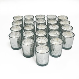 Silver Votive Candles | Glass Silver Votive Candle Holders Filled | Unscented Small Glass Votive Candles for Wedding, Baptism, Birthday Party, and Baby Shower | Set of 24