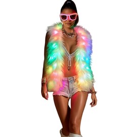 SHINYOU Men Women Light Up faux fur Coat Vest, Smart LED Light Up SYNC Vest,Glow Fluffy Sparking Costume (White Women, XXL)