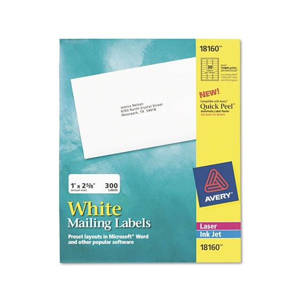 Inkjet Address Labels, 1 x 2-5/8, White, 300/Pack