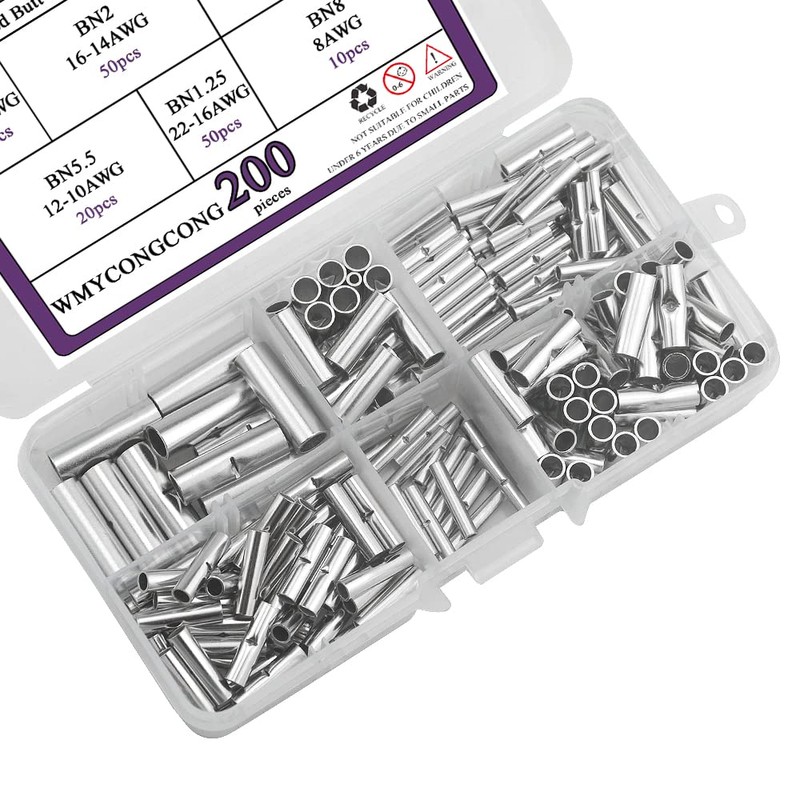 WMYCONGCONG 200 PCS Non-Insulated Butt Connectors Assortment Kit Uninsulated Wire