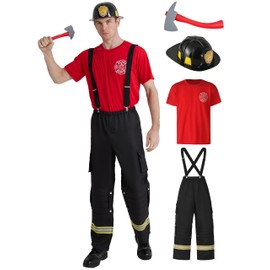 Maxim Party Supplies Men's 4 Piece Firefighter Costume, Professional Uniform Set with Helmet, Suspenders, Shirt, Accessories (Medium)