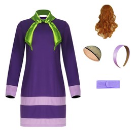 Womens Daphne Cosplay Costume Daphne Purple Fancy Dress with Green Scarf Wig Headband Sotckings S