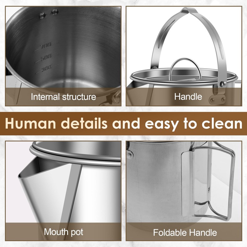 Camping Tea Kettle, 1.2L Stainless Steel Outdoor Hiking Percolator Coffee