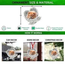 Talataca Pomeranian Sleeping Angel Wing Memorial Dog 2D Flat Car Rear View Mirror Accessories Christmas Tree Ornament Decoration Hanging Charm Interior Rearview Pendant Decor Gift