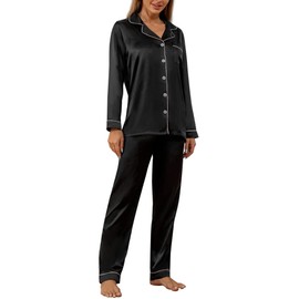 YIMANIE Pajamas for Women Silk Satin Pajama Sets for Women Soft Womens Loungewear Set Black
