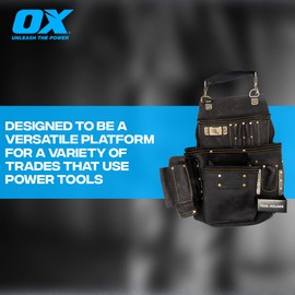 OX Tools 14 Pocket Tool Bag Oil Tanned Leather for Maintenance Technician Tools with Top Handle Air Tool Holder and Tape Measure Clip Tape Loop Top Grain Leather Tool Pouch ​OX-P263514