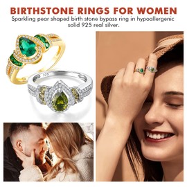 DAYBYDAY August Birthstone Rings 925 Sterling Silver Peridot Ring Pear Shaped Engagement Ring for Women Size 7