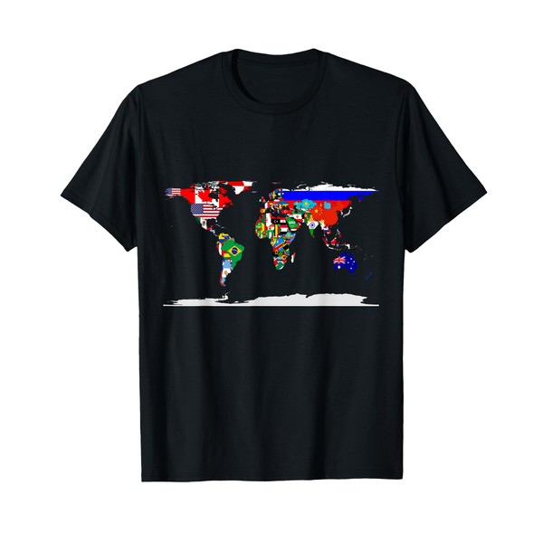 World Map with Country Flags, Borders of All Continents Tee