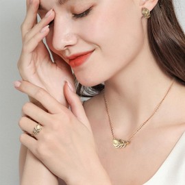 HeyMeili Engagement Marriage Ring Adjustable Ring Women Ring Feather Platinum Plated Silver Angel Wings Ring with Opal and Zirconia