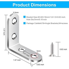 Dazone 20PCS L Bracket Stainless Steel Corner Brace 1.57x1.57 Inch, 90 Degree Corner Fastener for Wood Furniture
