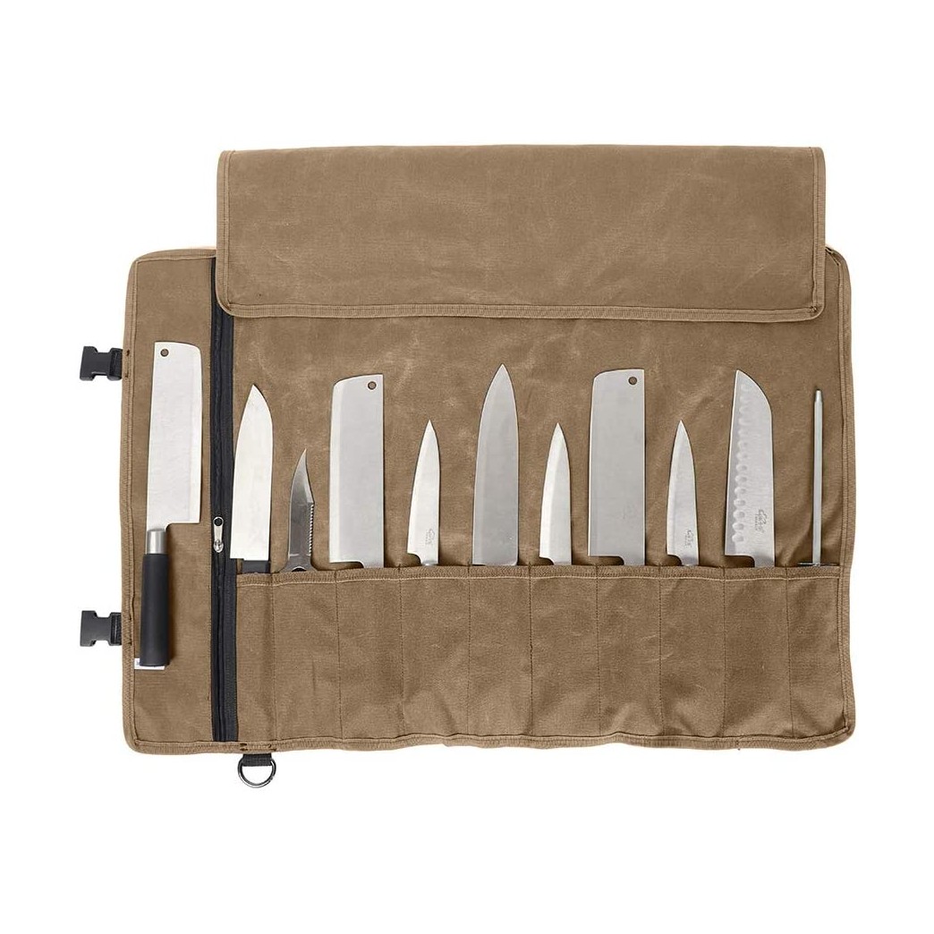 Chefs Knife Bag(11 Slots), Knife Roll for Kitchen Knife Tools Up To 18.8”, Heavy Duty Waxed Canvas Japanese Knife Set Case, Portable Travel Tool Roll Pouch for Meat Cleaver, Knife Sharpener