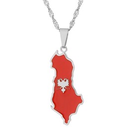 SHIMERITI Fashion Stainless Steel Republic of Albania Map Flag Pendant Necklace(White)