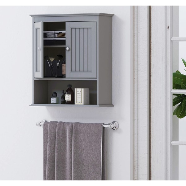 Spirich Home Cabinet Wall Mounted with Doors, Wood Hanging Cabinet with Doors and Shelves Over The Toilet, Bathroom Wall Cabinet Gray