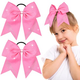 2PCS Glitter Cheer Bow Large Pink Cheer Bows Rhinestones Hair Bows Girls 7"Cheerleading Bows Bulk Elastic Band Ponytail Holder for Teen Girls College Sports Competition