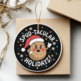 Whimsical Potato Christmas Ornament Round Ceramic 3 inches Tater The Season with Santa Hat Snowflakes and Christmas Lights