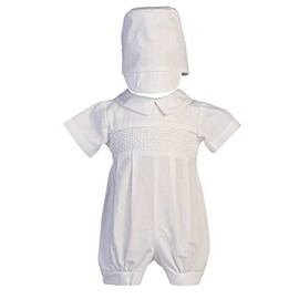 Boy's Smocked Cotton Christening Baptism Romper with Hat Size XL (18-24 Months), White