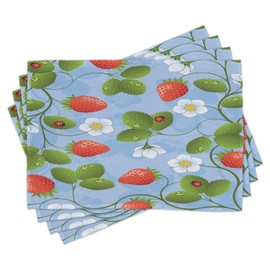 Ambesonne Ladybugs Place Mats Set of 4, Strawberries Daisies and Ladybugs Looks Like Ivy Plant Spotted Insects Image, Washable Fabric Placemats for Dining Table, Standard Size, Green Blue