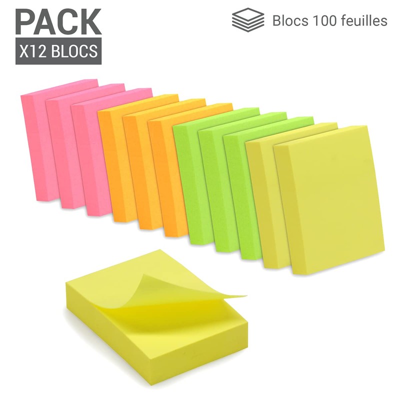WAYTEX 1200 Neon Sticky Notes 12 Pads of 100 Sheets